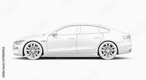 Contemporary white sedan car design outline side view on white background