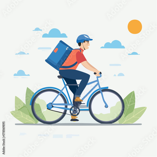 A delivery person on a bicycle, carrying a large bag, in a flat design style.