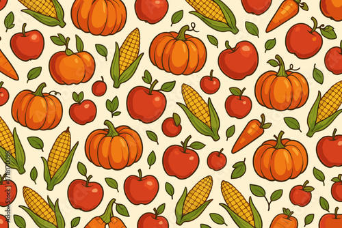 Colorful autumn harvest pattern featuring pumpkins, apples, corn, and carrots against a light background