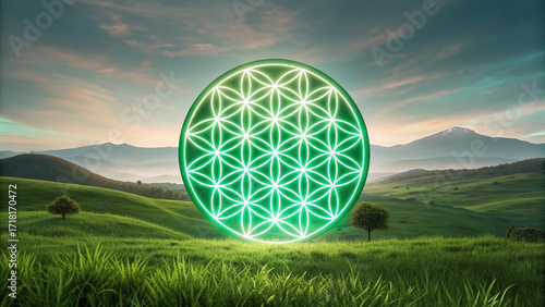 A large glowing green sacred geometry symbol of the Tree of Life floats amidst the earth and grass.