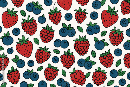 Colorful pattern of strawberries, raspberries, and blueberries on a light background