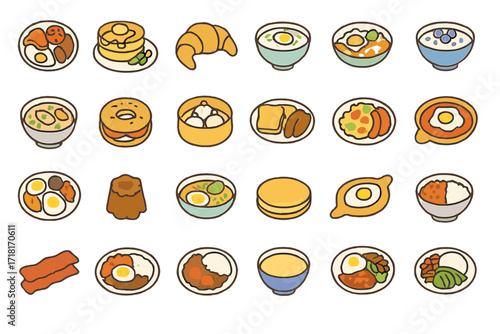 Various delicious breakfast foods featuring eggs, pastries, and savory dishes on a white background