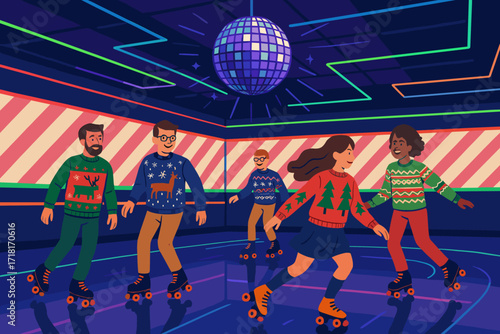 People roller skating indoors wearing Christmas sweaters under disco lights at a festive skating rink