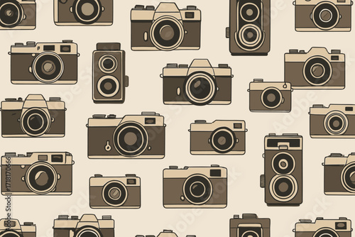 Seamless vintage camera pattern with retro film cameras in brown tones on beige background