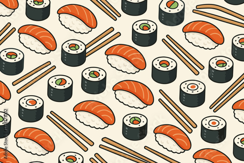 Colorful sushi pattern featuring a variety of rolls, salmon, and chopsticks on a light background suitable for design or culinary themes