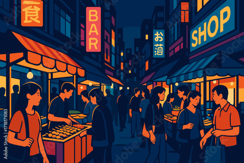 Vibrant night market scene with people shopping and dining under neon lights in an Asian city