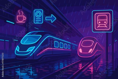 Futuristic neon illustration of high-speed trains at rainy night station with glowing signs and reflections