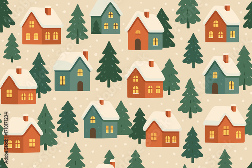 Seamless winter village pattern with cozy houses, snow-covered rooftops, pine trees, and falling snow on beige background