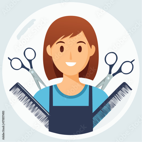 A friendly hairstylist with scissors and combs, ready to give a haircut.