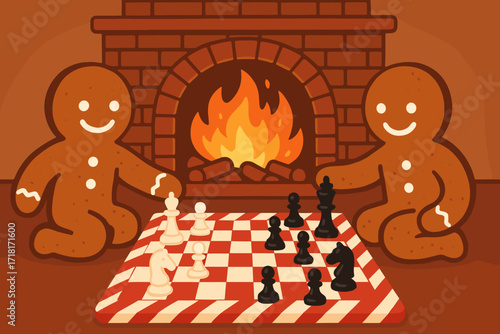 Gingerbread figures enjoy a cozy chess game by the fireplace during the winter season