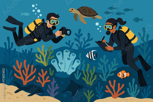 Diving explorers observe marine life while documenting species and capturing underwater moments in a vibrant ocean scene