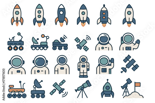 Space exploration icons featuring rockets, astronauts, satellites, and rovers in various designs and colors for educational purposes