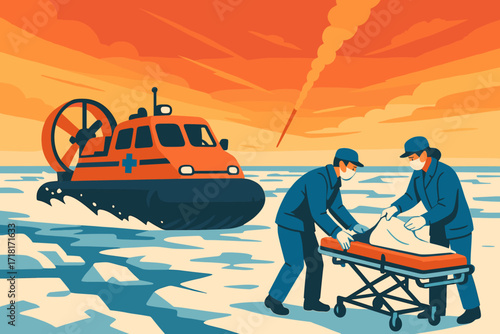 Rescue operation on icy terrain as emergency responders aid a patient in distress during sunset