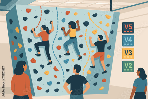 Climbers challenging themselves on a bouldering wall in an indoor climbing gym during a busy afternoon session