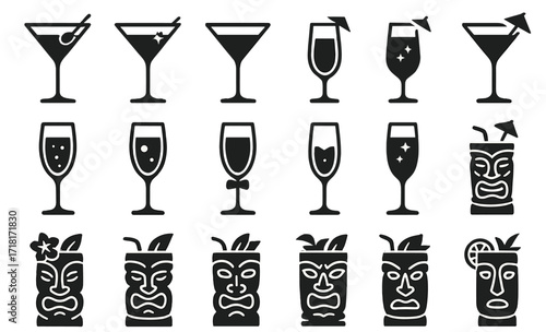 Various cocktail and drink icons featuring classic glassware designs and tropical themes in black silhouette style