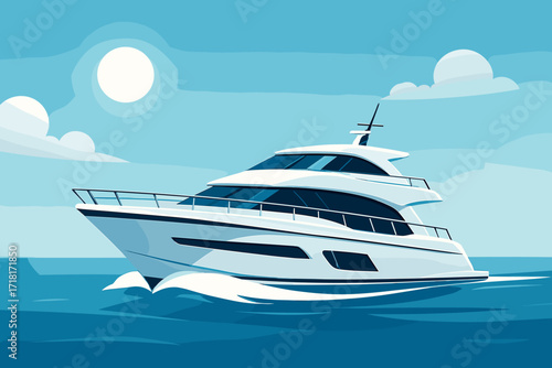 Luxury yacht cruising on calm ocean under bright sunny sky in modern nautical illustration