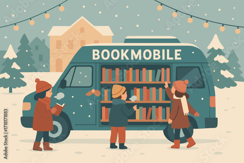 Children choosing books from winter bookmobile in snowy town with holiday lights, cozy digital illustration