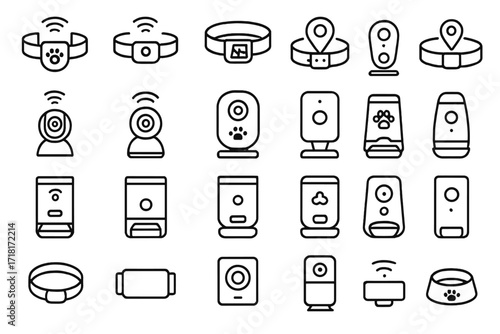 Pet technology icon set featuring smart collars, GPS trackers, pet cameras, treat dispensers, and feeders
