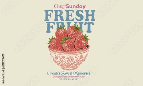 Organic fruit artwork for for t-shirt. Strawberry bowl drawing. Strawberry love. Strawberry fruit print.