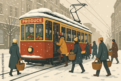 Residents board a produce tram on a snowy street in a vintage city during winter in the early 20th century