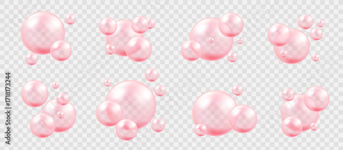 Set of pink air and water bubbles with glowing sparkles on transparent background, vector bubble gum and collagen texture.