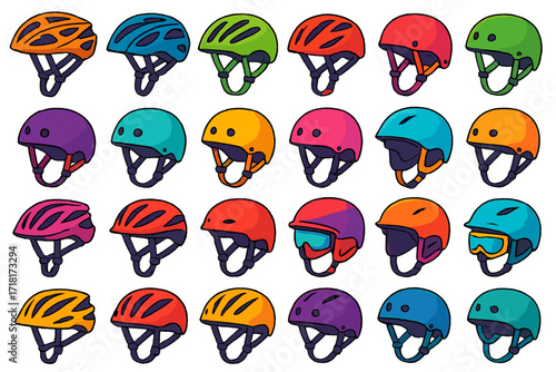 Vector collection of colorful sports helmets for biking, skating, and snowboarding on dark gradient background