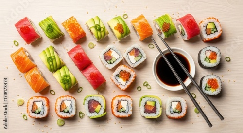 Vibrant Sushi Assortment: Overhead View of Colorful Rolls, Soy Sauce, and Chopsticks on Light Wood