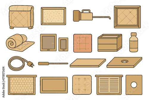 Set of air purifier and HVAC components illustrated on a brown background including filters, fans, cords, and control panels
