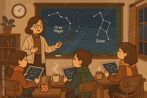 Children learning about constellations Ursa Major and Orion in an astronomy classroom at night