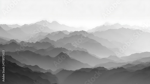 A monochrome mountain range in soft gray tones on a white background