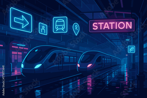 Neon futuristic train station with high-speed trains at night in rainy cityscape with glowing digital signs