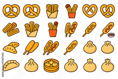Street food icon set featuring pretzels, churros, fries, dumplings, empanadas, and corn dogs in warm tones