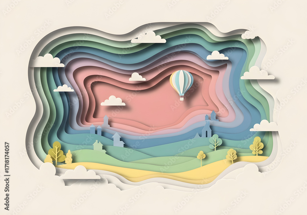 Fototapeta premium A whimsical paper-cut landscape featuring a hot air balloon floating over rolling hills and stylized trees.