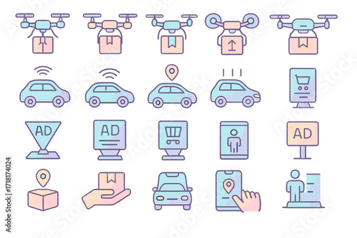 Gradient line icons of drone delivery, online shopping, GPS navigation, digital advertising, and smart transportation concepts