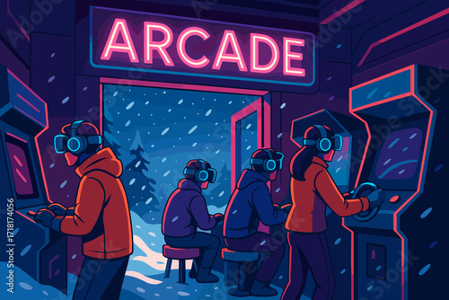 Groups of friends enjoying a virtual gaming experience at an arcade during a snowy night