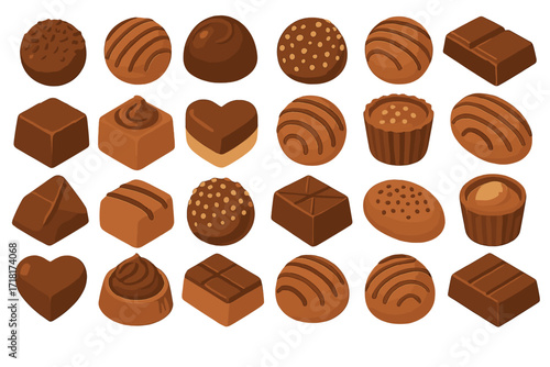Seamless pattern of assorted chocolate truffles and pralines in various shapes and toppings on warm brown background
