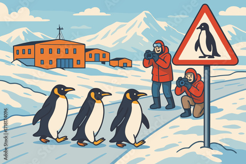 Illustration of tourists photographing penguins near research station in snowy Antarctic landscape