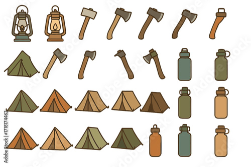 Camping gear collection featuring tents, axes, lanterns, and water bottles for outdoor adventures