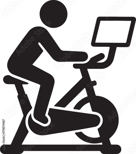 Cyclist on Stationary Bike Silhouette with Tablet Screen for Virtual Fitness Training Vector