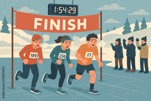 Tired marathon runners crossing winter finish line with cheering spectators and race timer