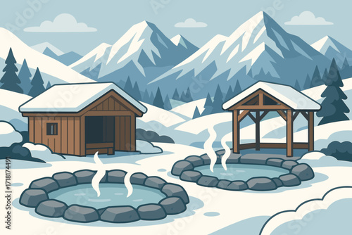 Snowy mountain hot springs with stone pools and wooden cabins in winter forest landscape illustration