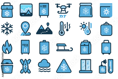 Set of blue cold weather and winter travel icons including snowflakes, thermometers, gear, and refrigeration symbols