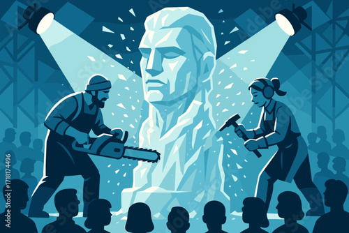 Sculptors create ice statue during public event at night with audience watching