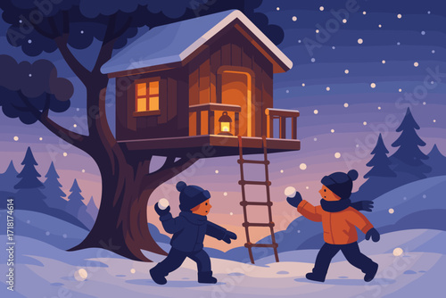 Cozy winter illustration of two children having a snowball fight near a warmly lit treehouse during snowfall at dusk