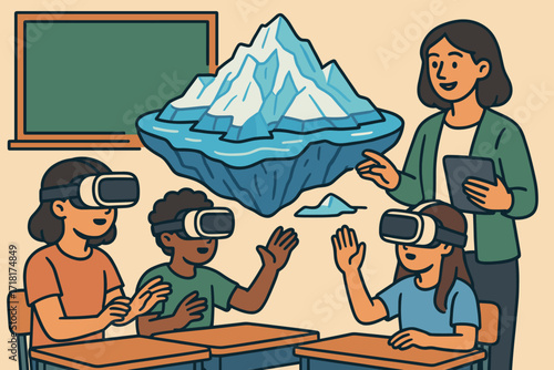 Students exploring virtual reality lessons with a teacher in a classroom setting on a sunny day