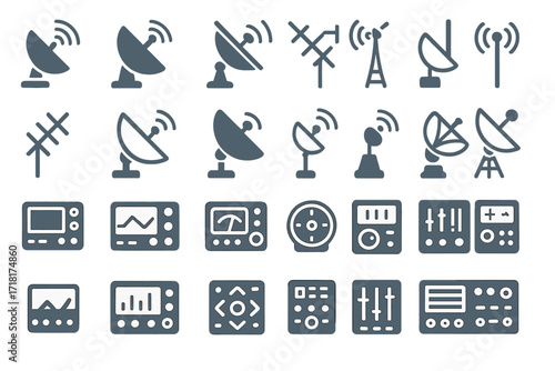Set of satellite dish and radio communication icons in various designs displayed on a simple background