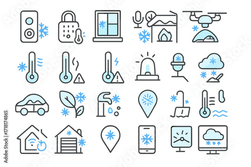 Collection of modern blue and gray smart home winter icons with snow, temperature, and freezing alert symbols