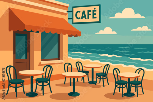Relaxing seaside cafe with outdoor seating near the ocean under a clear blue sky