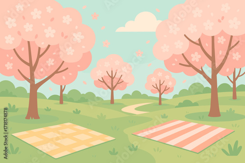 Spring cherry blossom park with pink flowering trees and picnic blankets on green grass under blue sky