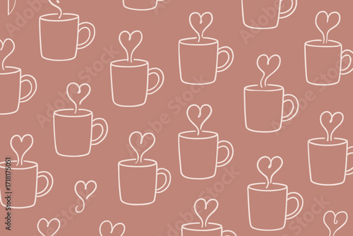 Stylish heart-themed coffee cup pattern on a warm background for cozy cafe vibes